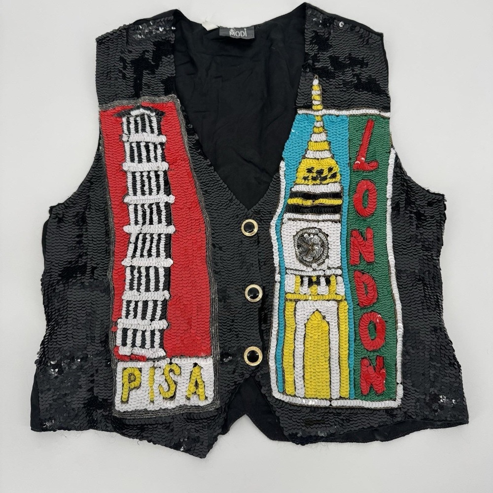 Vintage MODI Beaded Sequin Vest‎ Pisa London Big Ben 80s 90s Retro Novelty Small